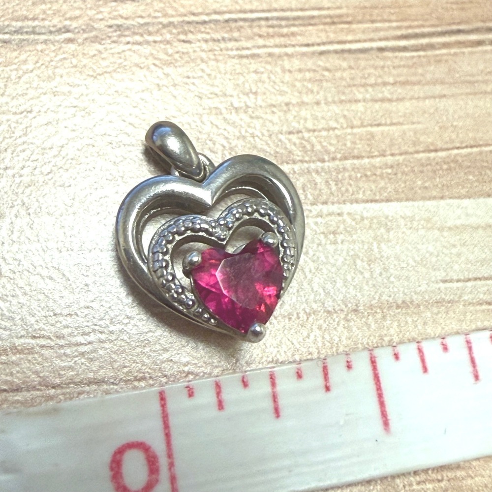 FD 925 Sterling Silver Triple Nested Heart Pendant Pink Gemstone Milgrain‎